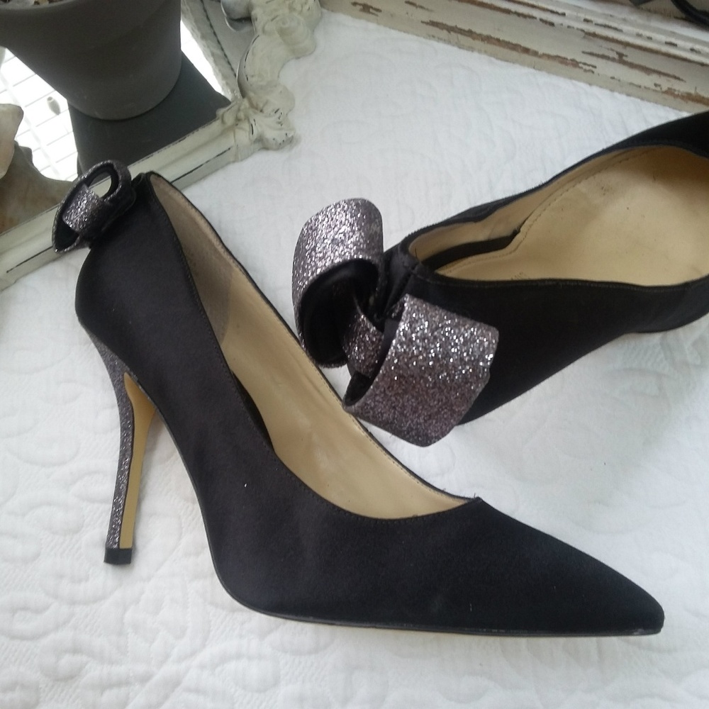 SEXY Glittery BOW Back BLACK SATIN Heels SZ 8
